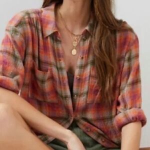 Anthropologie | Pilcro Orange Plaid Long Sleeved Button Down Shirt Oversized XS
